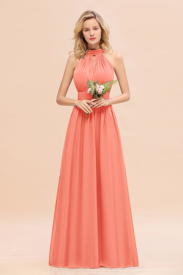 A-line High-Neck Halter Ruffle Chiffon Floor-Length Dress-koscy