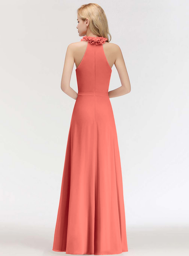 A-line High Neck Ruched Chiffon Floor-Length Dress Dusty Pink-koscy