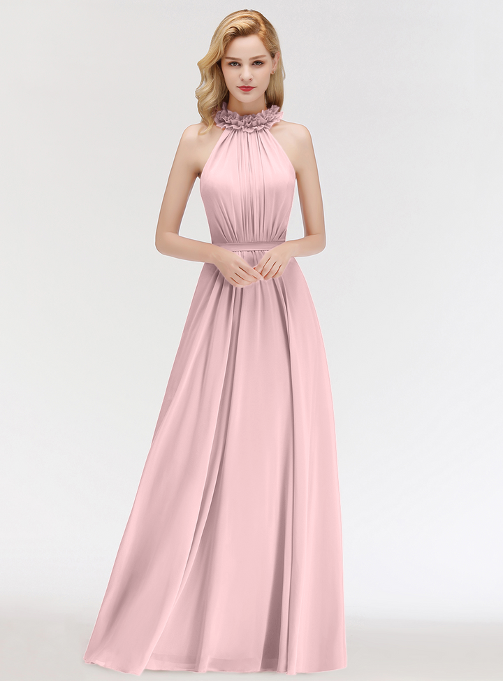 A-line High Neck Ruched Chiffon Floor-Length Dress Dusty Pink-koscy