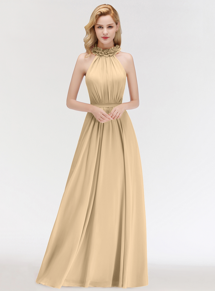 A-line High Neck Ruched Chiffon Floor-Length Dress Dusty Pink-koscy