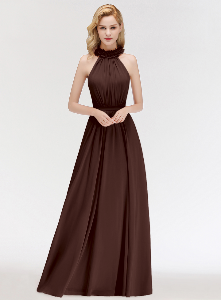 A-line High Neck Ruched Chiffon Floor-Length Dress Dusty Pink-koscy