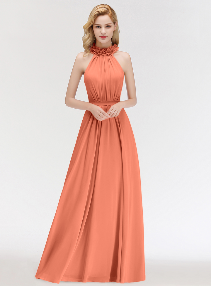 A-line High Neck Ruched Chiffon Floor-Length Dress Dusty Pink-koscy