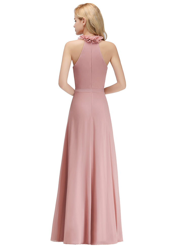 A-line High Neck Ruched Chiffon Floor-Length Dress Dusty Pink