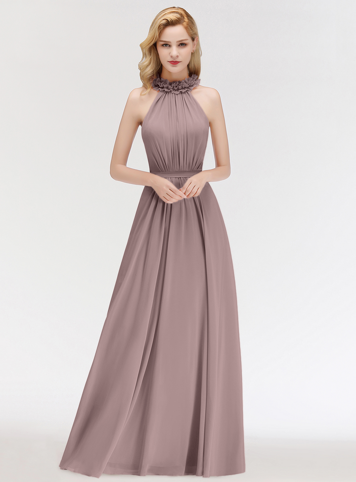 A-line High Neck Ruched Chiffon Floor-Length Dress Dusty Pink-koscy