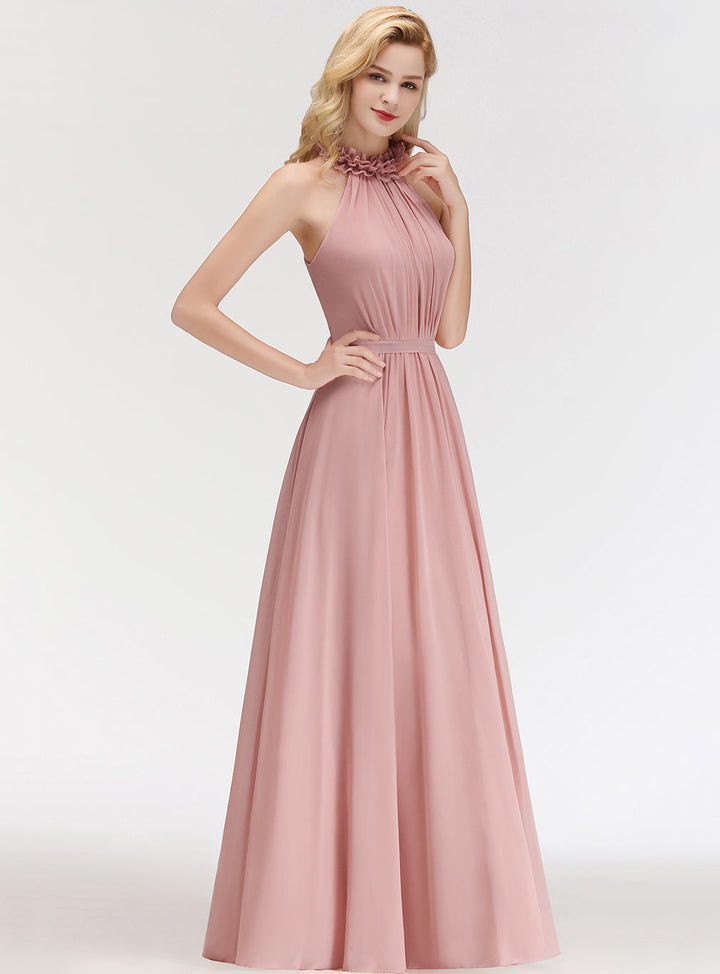 A-line High Neck Ruched Chiffon Floor-Length Dress Dusty Pink