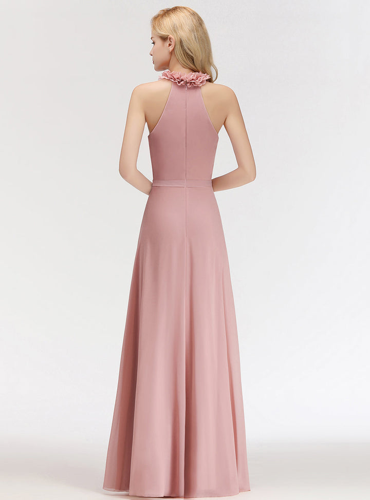 A-line High Neck Ruched Chiffon Floor-Length Dress Dusty Pink