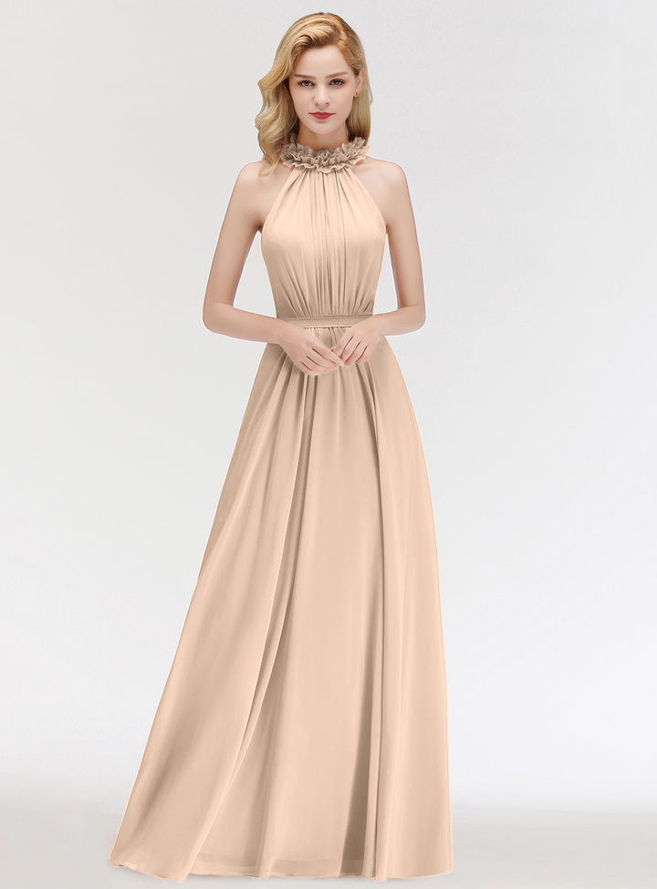 A-line High Neck Ruched Chiffon Floor-Length Dress Dusty Pink-koscy