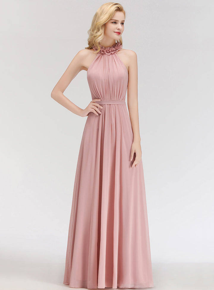 A-line High Neck Ruched Chiffon Floor-Length Dress Dusty Pink