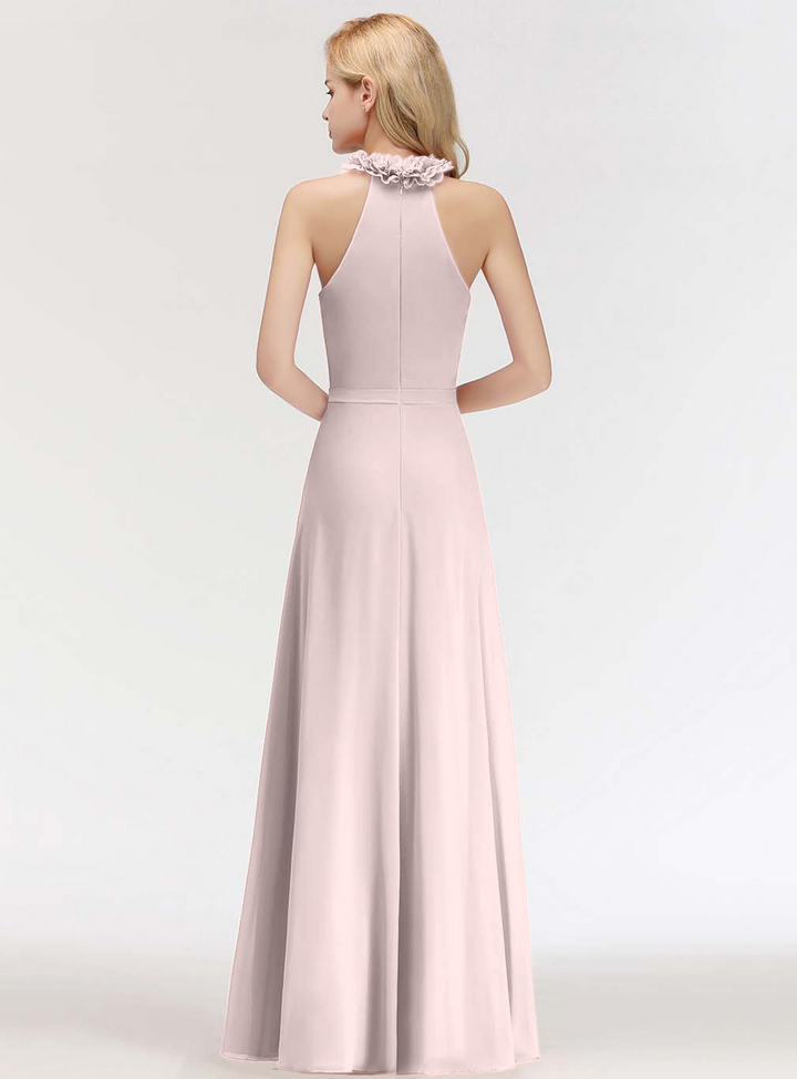 A-line High Neck Ruched Chiffon Floor-Length Dress Dusty Pink-koscy