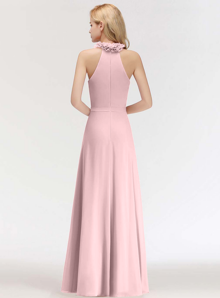 A-line High Neck Ruched Chiffon Floor-Length Dress Dusty Pink-koscy