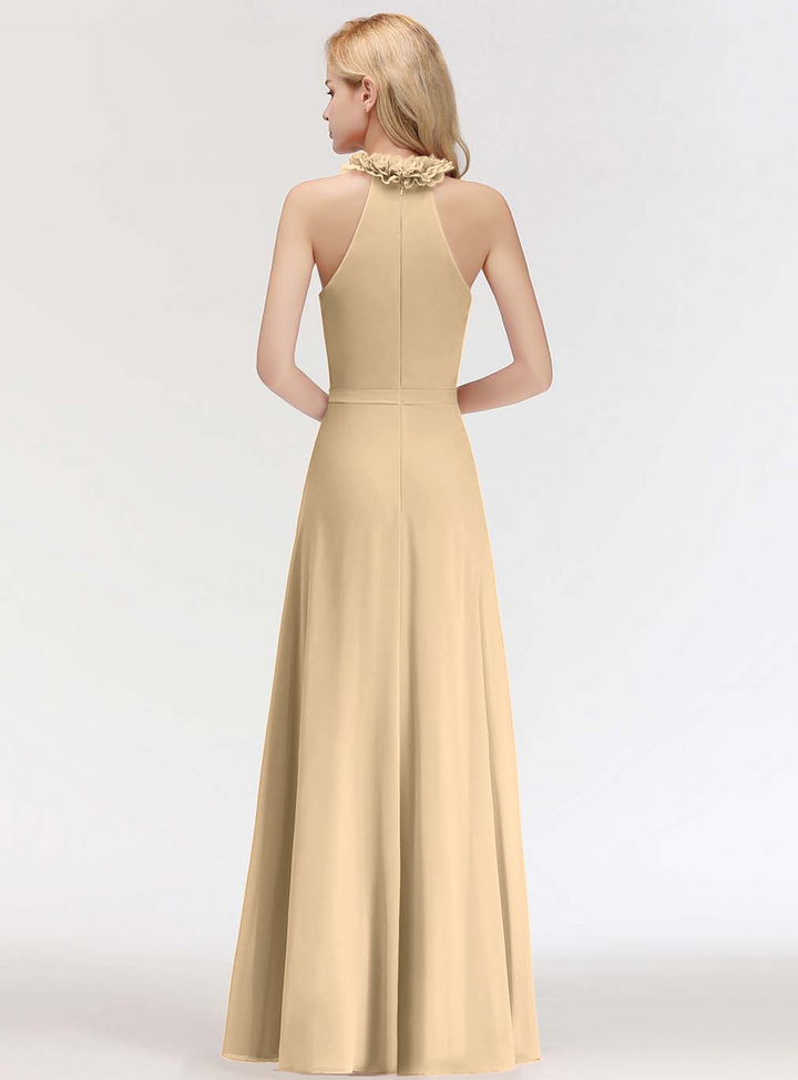 A-line High Neck Ruched Chiffon Floor-Length Dress Dusty Pink-koscy