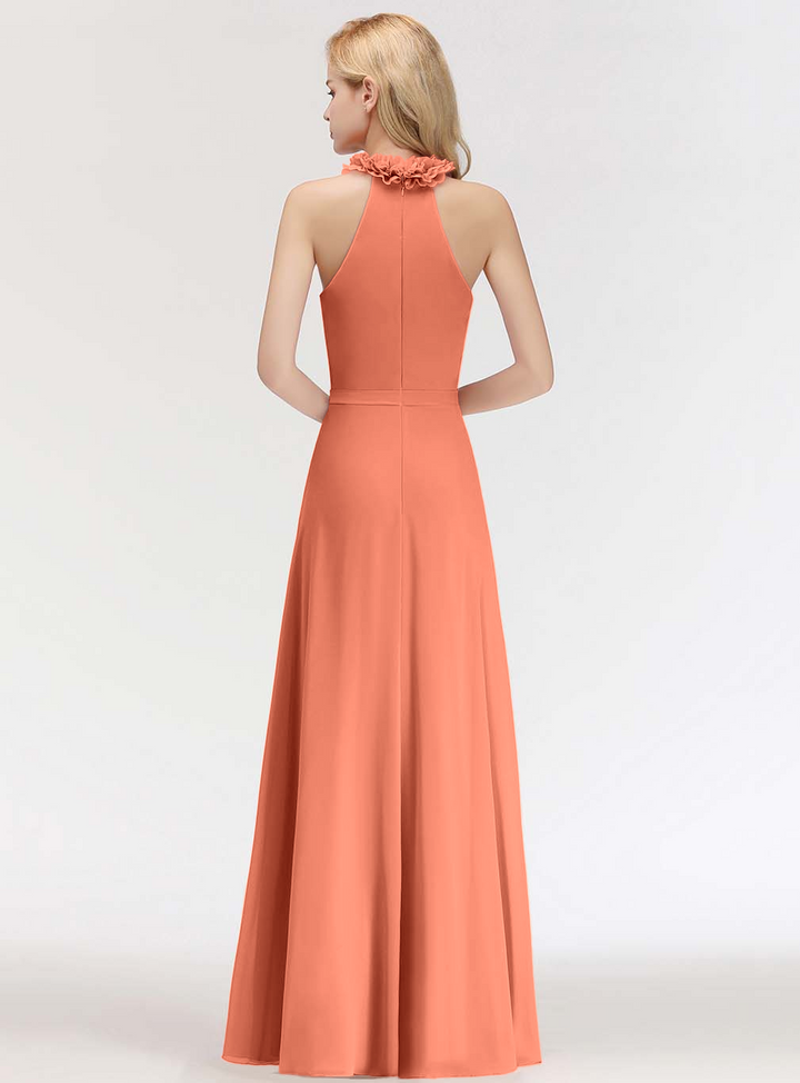 A-line High Neck Ruched Chiffon Floor-Length Dress Dusty Pink-koscy