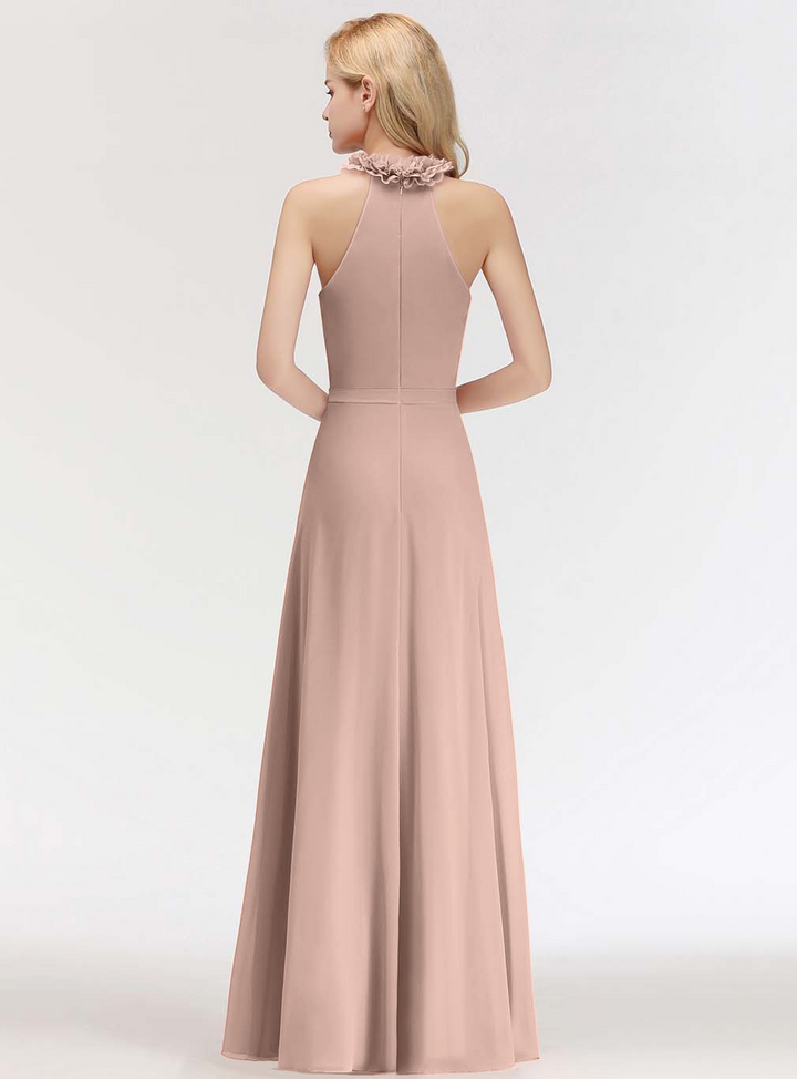 A-line High Neck Ruched Chiffon Floor-Length Dress Dusty Pink-koscy