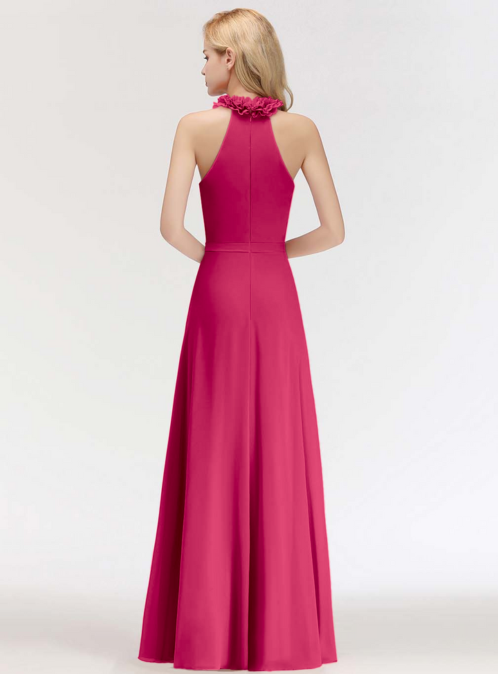 A-line High Neck Ruched Chiffon Floor-Length Dress Dusty Pink-koscy