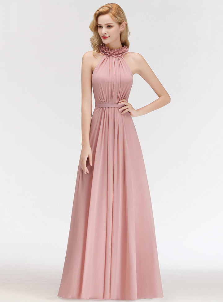 A-line High Neck Ruched Chiffon Floor-Length Dress Dusty Pink