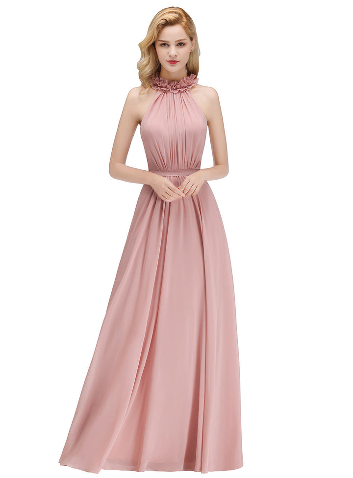 A-line High Neck Ruched Chiffon Floor-Length Dress Dusty Pink