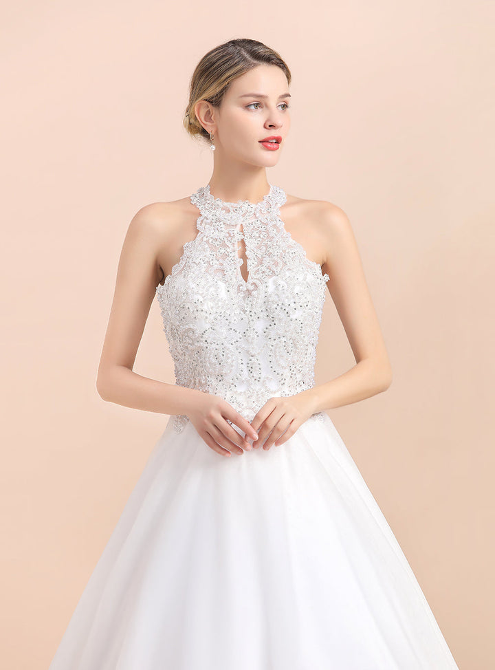 A-Line High-Neck Sleeveless Lace Appliques Sequins Dress-koscy