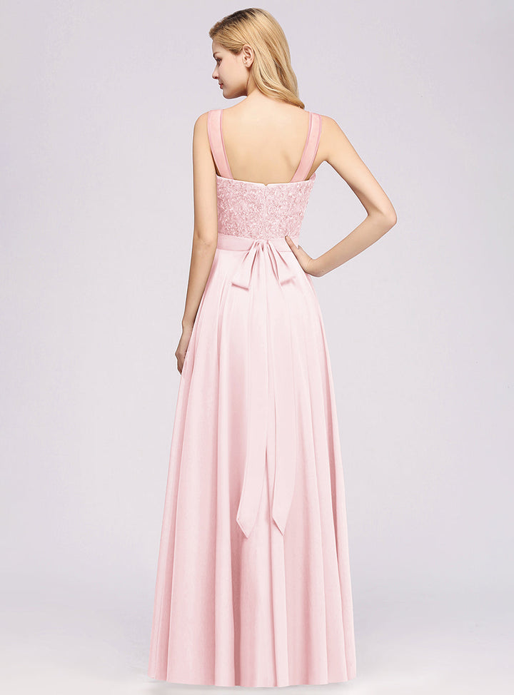 A-line Jewel Beadings Lace Floor-Length Dress Pink-koscy