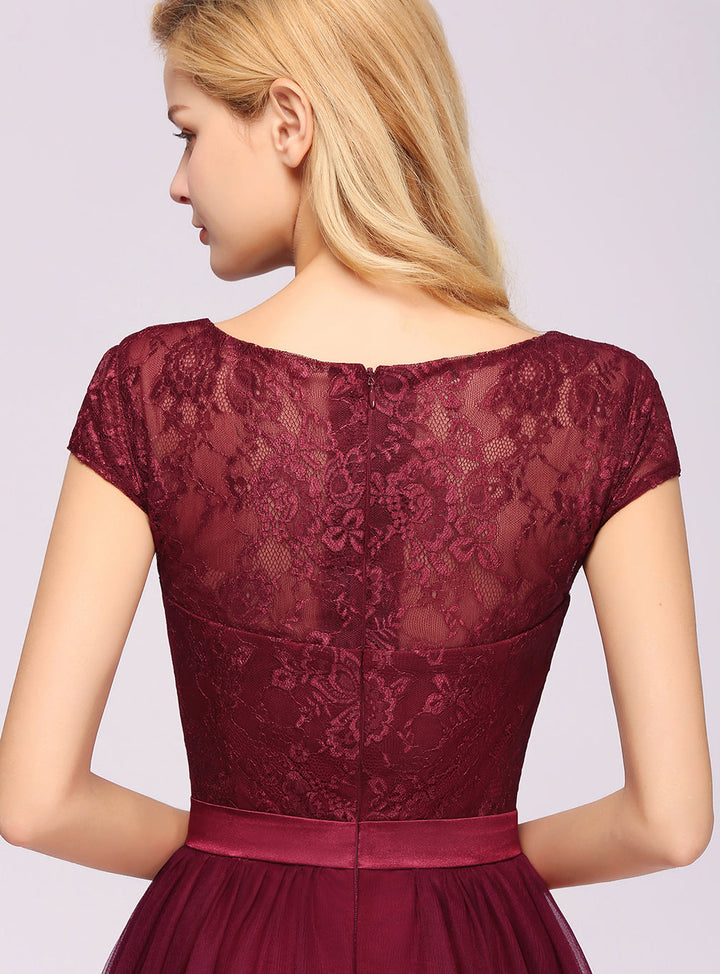 A-line Jewel Chiffon Lace Cap Sleeves Floor-Length Dress Burgundy-koscy