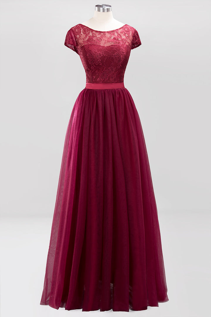 A-line Jewel Chiffon Lace Cap Sleeves Floor-Length Dress Burgundy-koscy