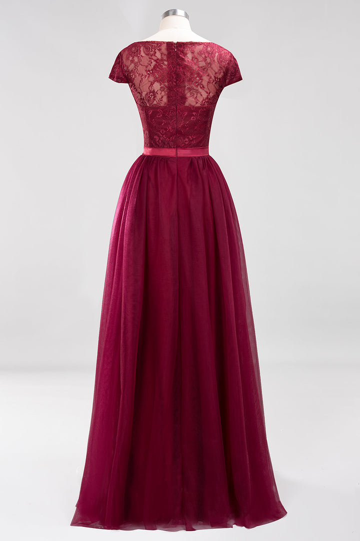 A-line Jewel Chiffon Lace Cap Sleeves Floor-Length Dress Burgundy-koscy