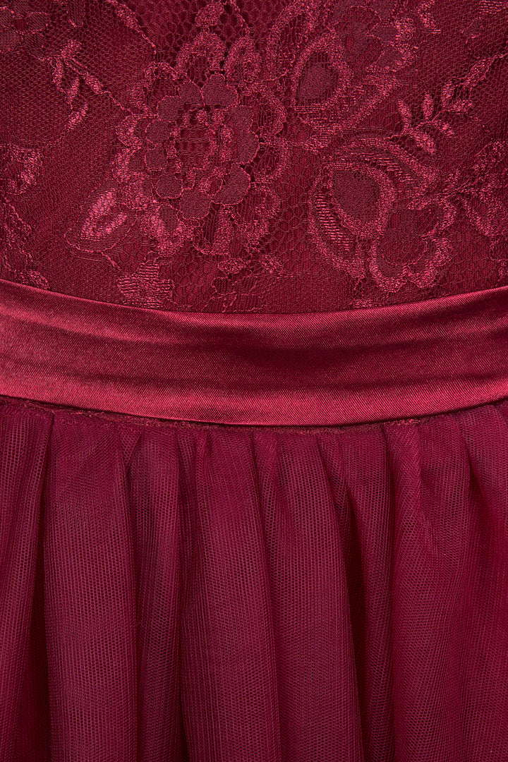 A-line Jewel Chiffon Lace Cap Sleeves Floor-Length Dress Burgundy-koscy