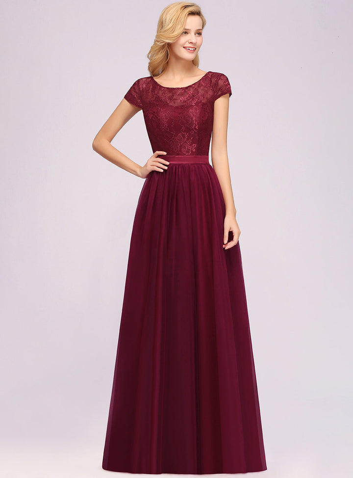 A-line Jewel Chiffon Lace Cap Sleeves Floor-Length Dress Burgundy-koscy