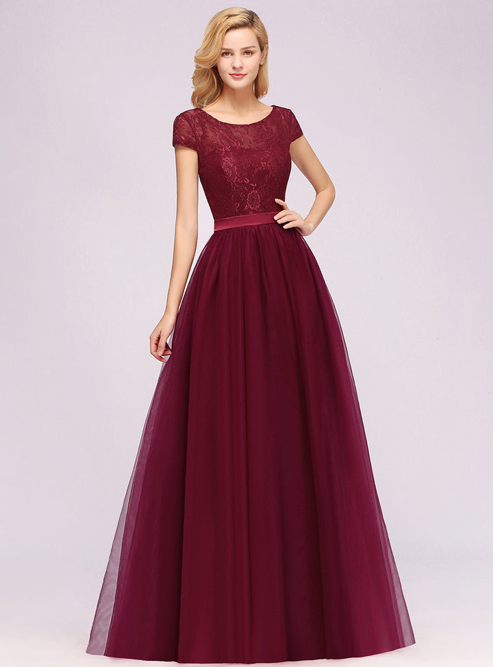 A-line Jewel Chiffon Lace Cap Sleeves Floor-Length Dress Burgundy-koscy