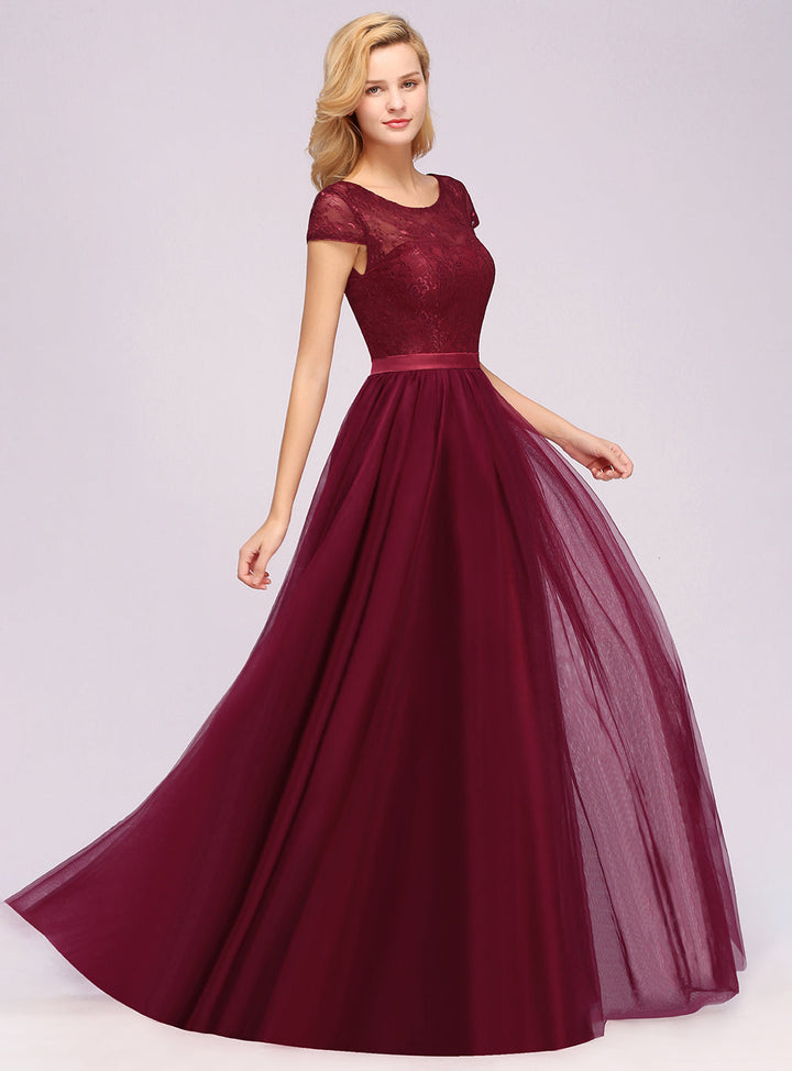 A-line Jewel Chiffon Lace Cap Sleeves Floor-Length Dress Burgundy-koscy