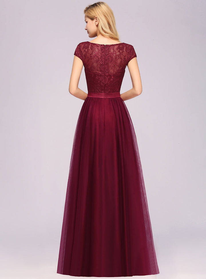 A-line Jewel Chiffon Lace Cap Sleeves Floor-Length Dress Burgundy-koscy