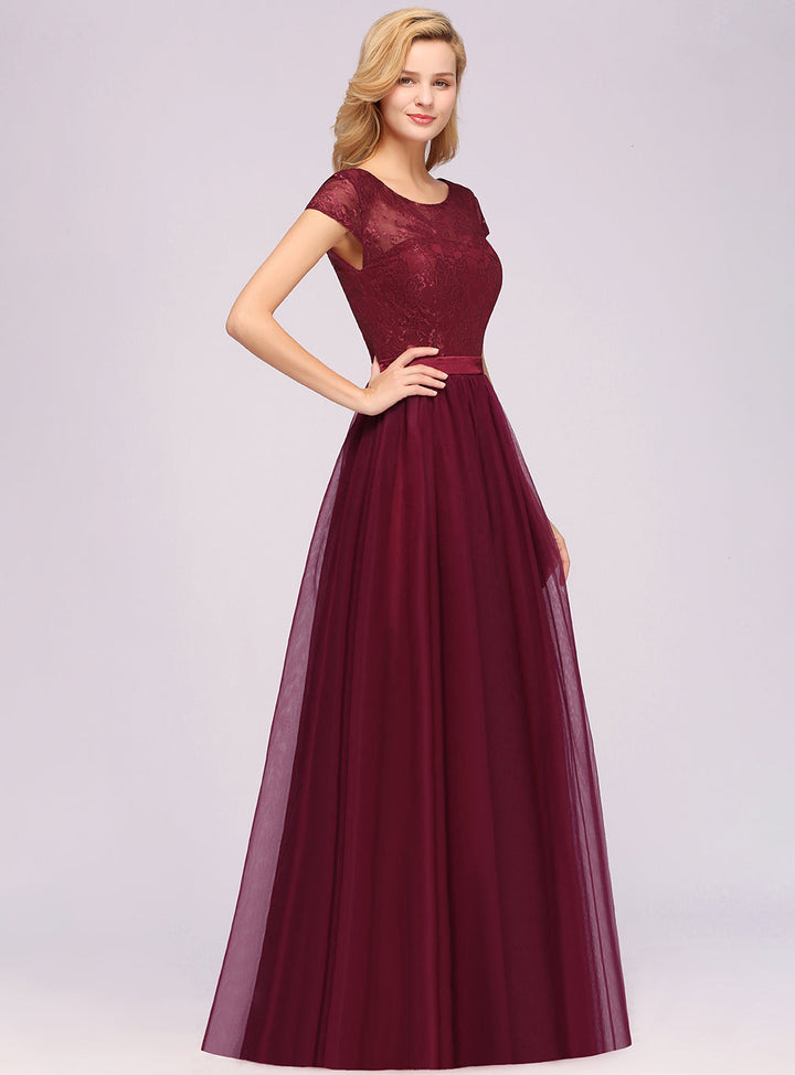 A-line Jewel Chiffon Lace Cap Sleeves Floor-Length Dress Burgundy-koscy