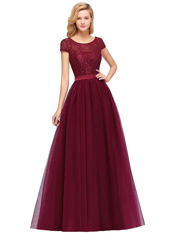 A-line Jewel Chiffon Lace Cap Sleeves Floor-Length Dress Burgundy-koscy