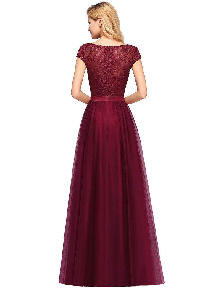 A-line Jewel Chiffon Lace Cap Sleeves Floor-Length Dress Burgundy-koscy