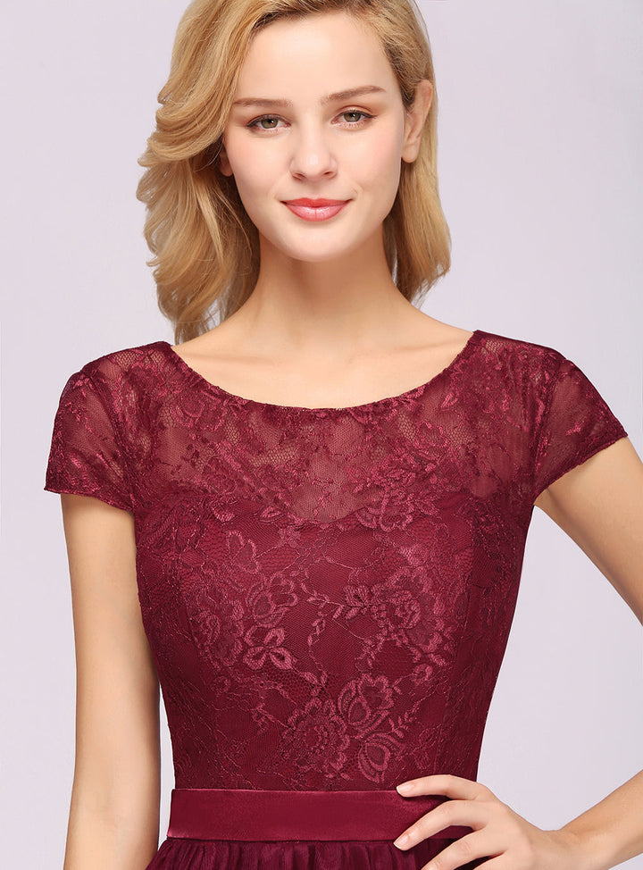 A-line Jewel Chiffon Lace Cap Sleeves Floor-Length Dress Burgundy-koscy