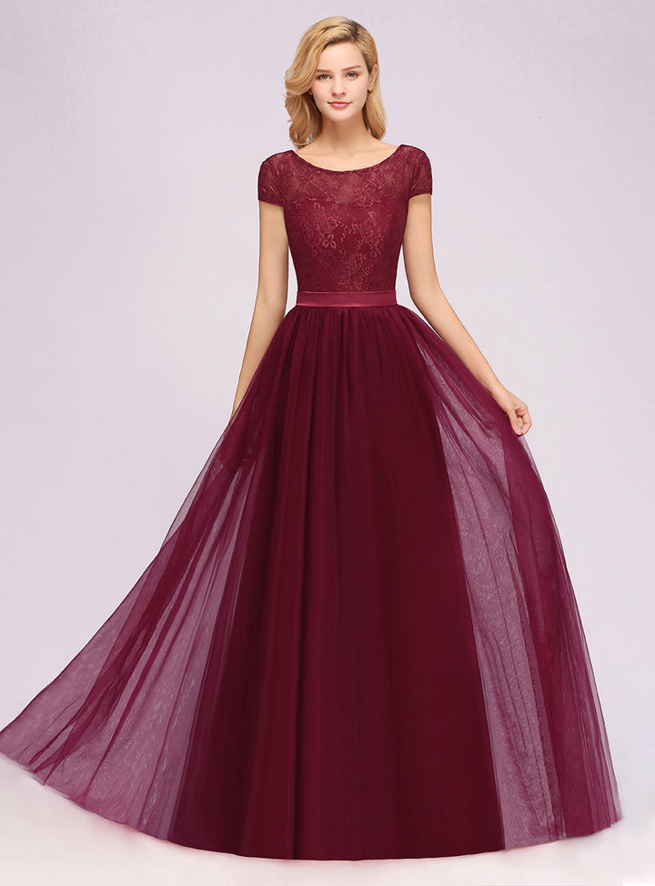 A-line Jewel Chiffon Lace Cap Sleeves Floor-Length Dress Burgundy-koscy