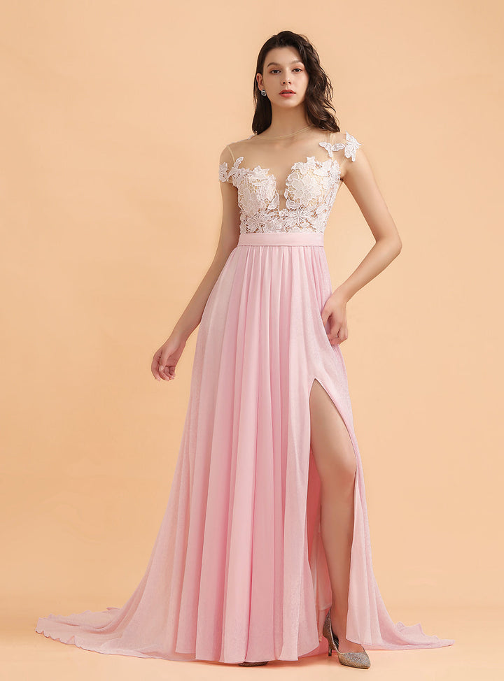 A-Line Jewel Chiffon Lace Split Floor-Length Dress-koscy