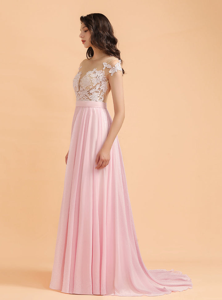 A-Line Jewel Chiffon Lace Split Floor-Length Dress-koscy