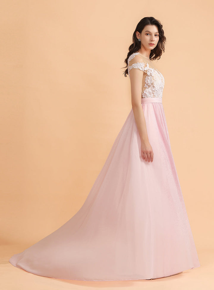 A-Line Jewel Chiffon Lace Split Floor-Length Dress-koscy