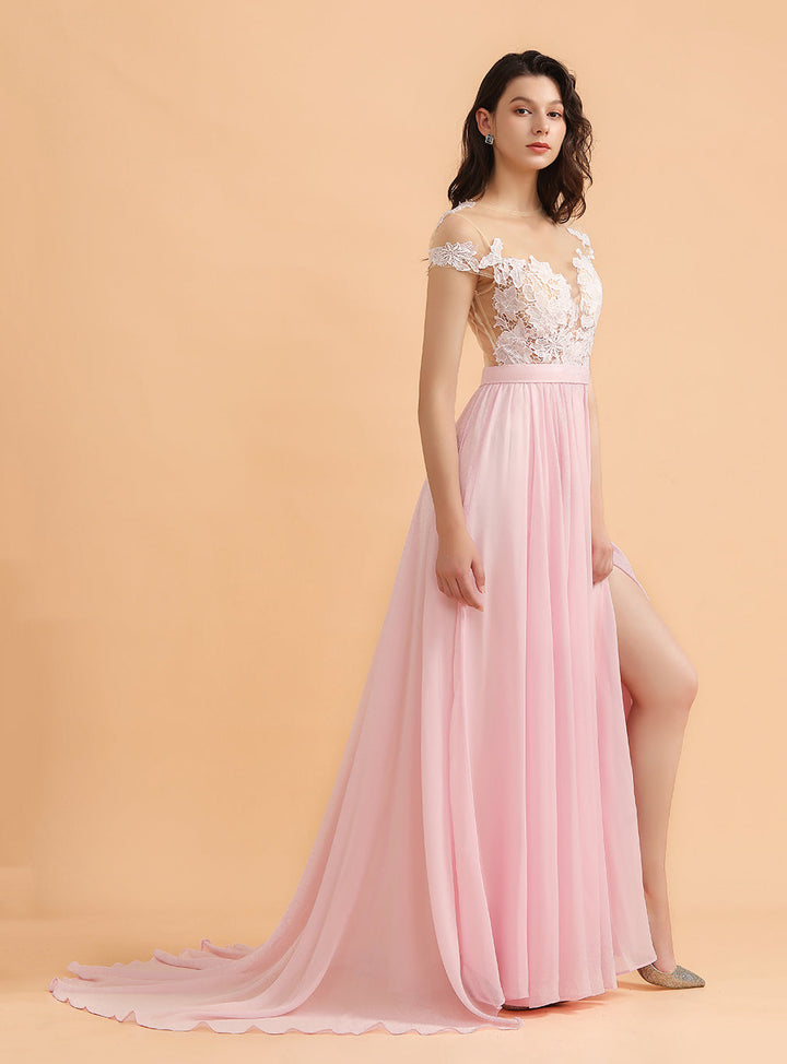 A-Line Jewel Chiffon Lace Split Floor-Length Dress-koscy