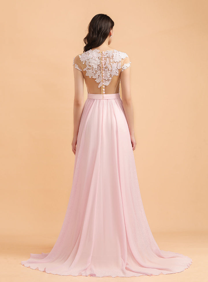 A-Line Jewel Chiffon Lace Split Floor-Length Dress-koscy