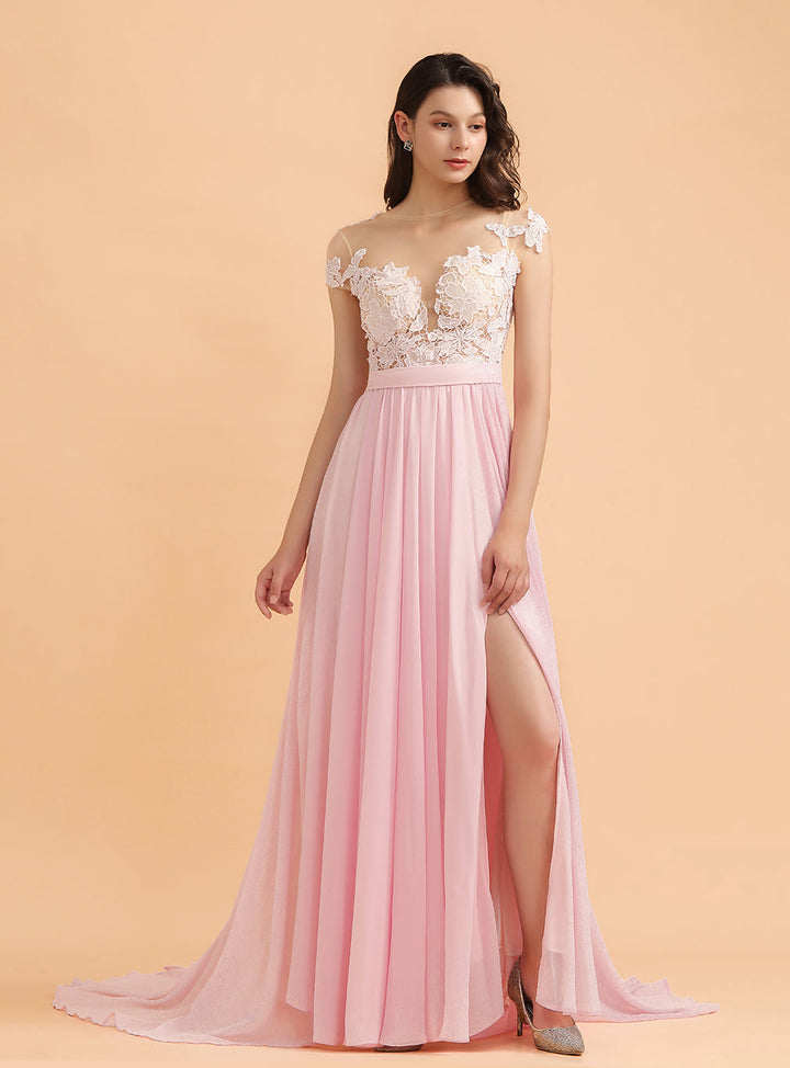 A-Line Jewel Chiffon Lace Split Floor-Length Dress-koscy