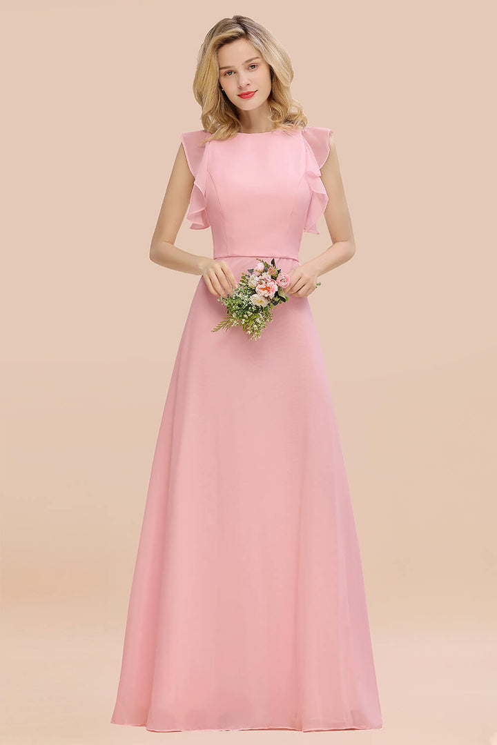 A-line Jewel Draped Chiffon Floor-Length Dress Blushing Pink-koscy