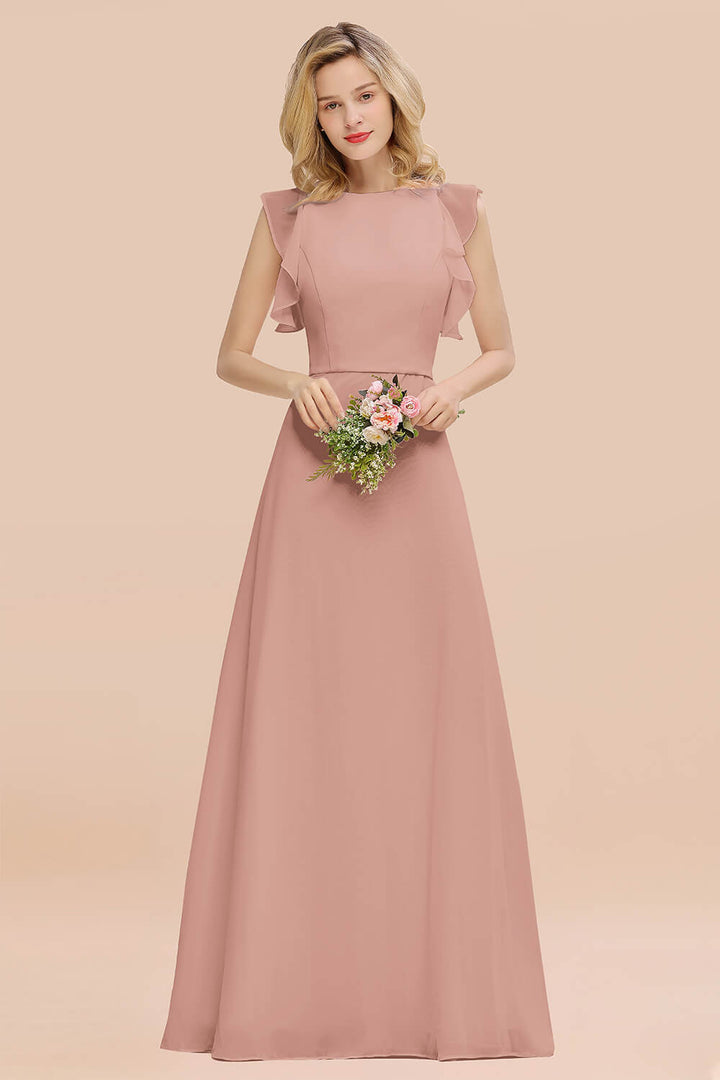 A-line Jewel Draped Chiffon Floor-Length Dress Blushing Pink-koscy