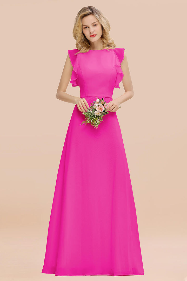 A-line Jewel Draped Chiffon Floor-Length Dress Blushing Pink-koscy