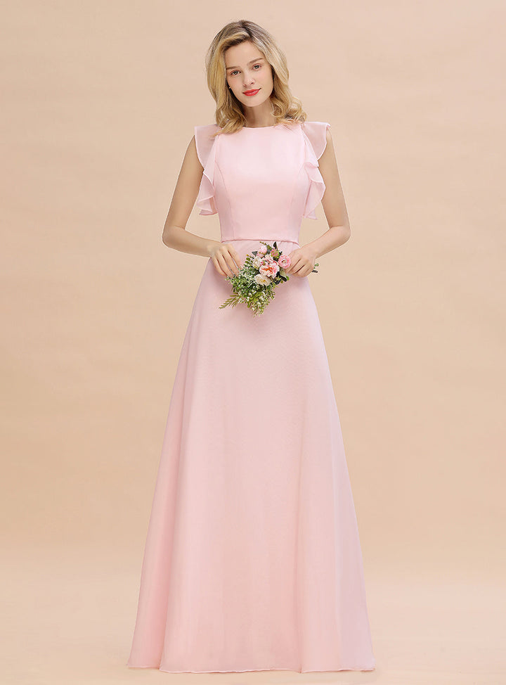 A-line Jewel Draped Chiffon Floor-Length Dress Blushing Pink-koscy