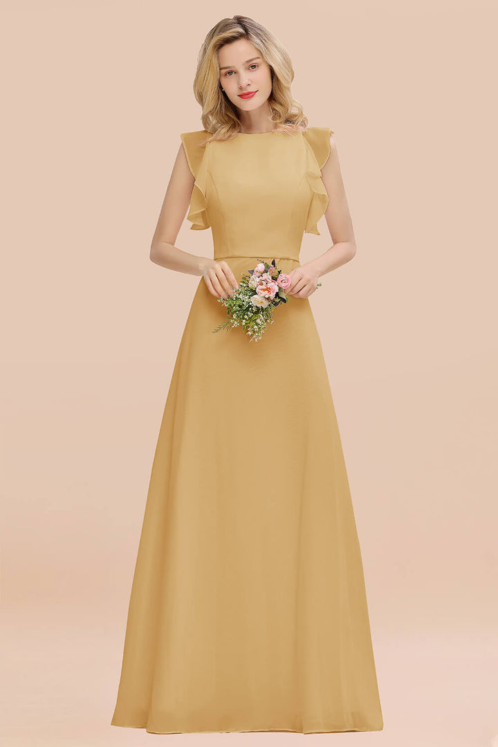 A-line Jewel Draped Chiffon Floor-Length Dress Blushing Pink-koscy