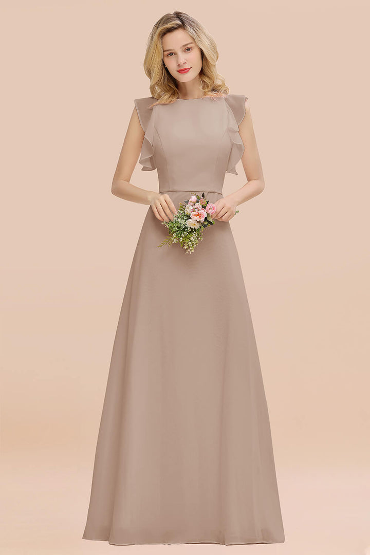 A-line Jewel Draped Chiffon Floor-Length Dress Blushing Pink-koscy