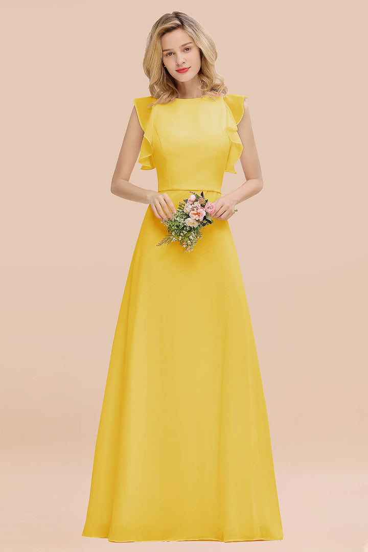 A-line Jewel Draped Chiffon Floor-Length Dress Blushing Pink-koscy