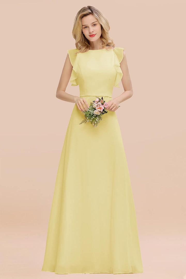 A-line Jewel Draped Chiffon Floor-Length Dress Blushing Pink-koscy