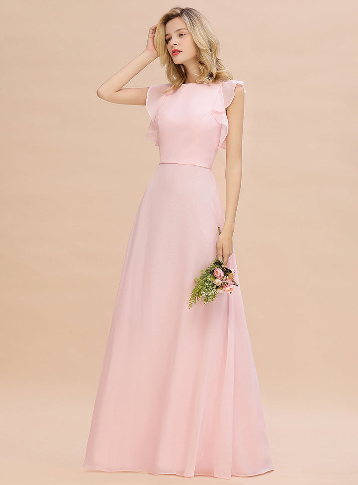 A-line Jewel Draped Chiffon Floor-Length Dress Blushing Pink-koscy